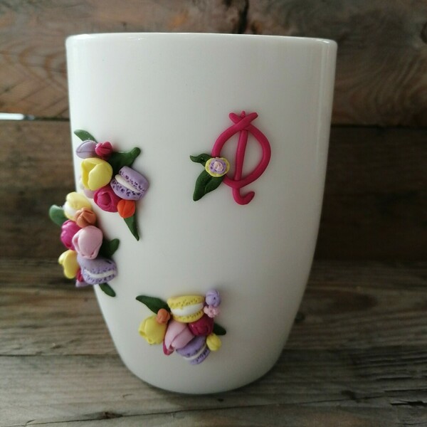 Τρισδιάστατη Χειροποίητη κούπα με πολυμερικό πηλό σχεδιο: Mακαρόν με μπουκέτα λουλουδιών - δώρο, λουλούδια, πορσελάνη, κούπες & φλυτζάνια, πολυμερικό πηλό - 2