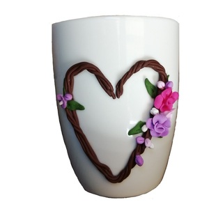 Τρισδιάστατη Χειροποίητη κούπα με πολυμερικό πηλό σχεδιο: Καρδιά στεφάνι με λουλούδια - δώρο, πηλός, πορσελάνη, κούπες & φλυτζάνια, δώρα για γυναίκες