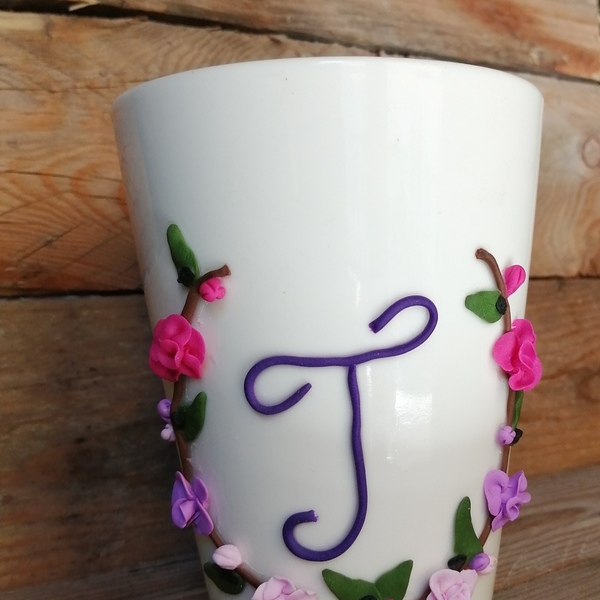 Τρισδιάστατη Χειροποίητη κούπα με πολυμερικό πηλό σχεδιο : Μονόγραμμα με λουλούδια - όνομα - μονόγραμμα, πορσελάνη, κούπες & φλυτζάνια, δώρα για γυναίκες, πολυμερικό πηλό - 2