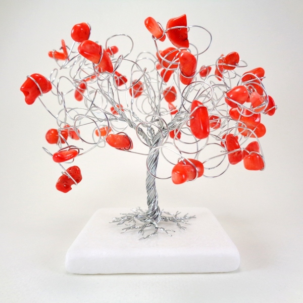 Συρμάτινο Γλυπτό Δέντρο με κοράλλι - ημιπολύτιμες πέτρες, κοράλλι, μέταλλο, διακοσμητικά - 2