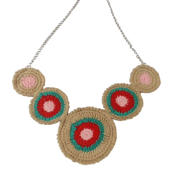Κολιέ πλεκτοί κύκλοι από βαμβακερό νήμα (μήκος 50εκ) - crochet, κοντά, boho, μεγάλα, πλεκτά κολιέ - 5