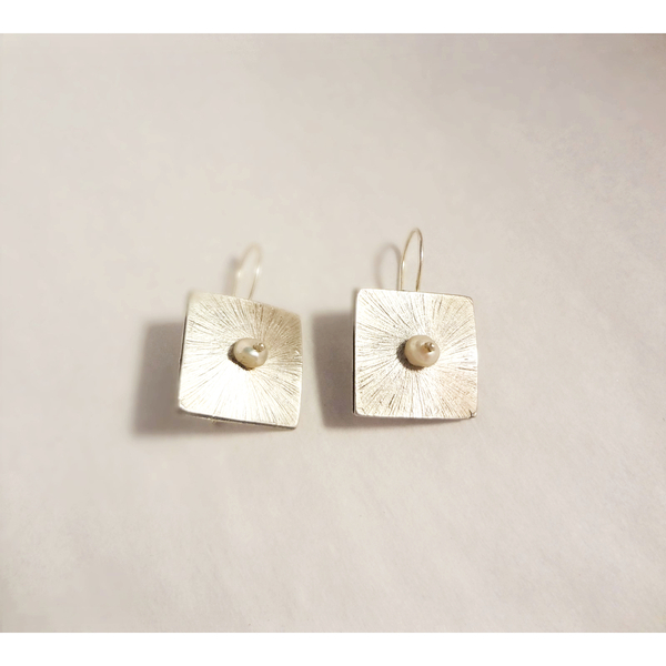 Σκουλαρίκι Κρεμαστό Τετράγωνο - ασήμι, μαργαριτάρι, αλπακάς, μικρά - 3