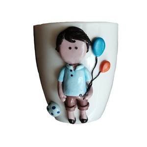 Τρισδιάστατη Χειροποίητη κούπα με πολυμερικό πηλό σχεδιο: Αγοράκι με μπαλόνια - δώρο, πορσελάνη, κούπες & φλυτζάνια, πολυμερικό πηλό