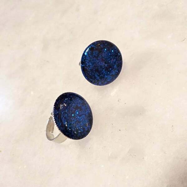 Δαχτυλίδι από υγρό γυαλί μπλε glitter - γυαλί, μεγάλα, αυξομειούμενα, φθηνά
