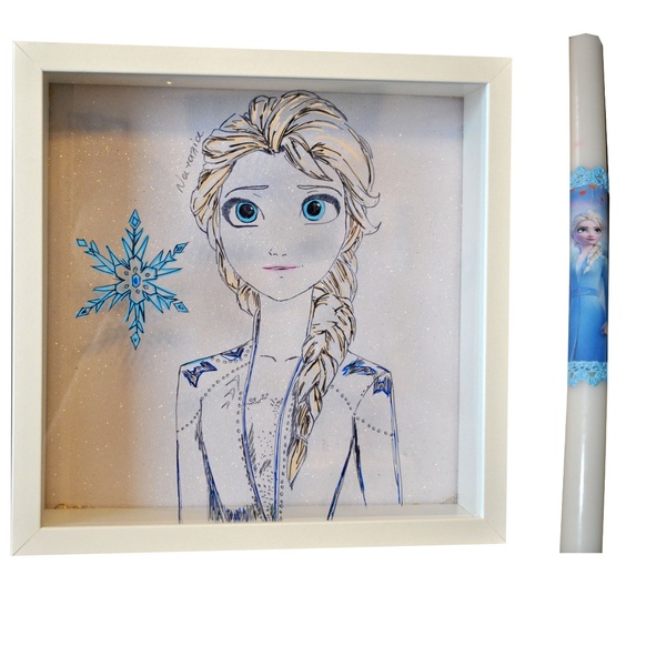 Σετ 2 τμχ Λαμπάδα 30cm και Ξύλινο Φωτιστικό Καδράκι Elsa - κορίτσι, λαμπάδες, για παιδιά, για μωρά