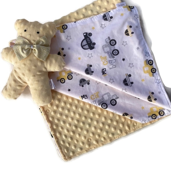 Σετ κουβερτακι με αρκουδάκι minky ‘κίτρινο παστέλ’ - δώρο, δώρα για βάπτιση, βρεφικά, κουβέρτες