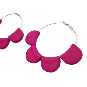 Σκουλαρίκια από πηλό, με σχέδια σε ροζ-μοβ χρώμα - πηλός, κρίκοι, μεγάλα, faux bijoux - 3