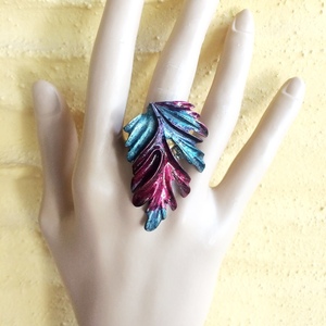 Χρωματισμένο δαχτυλίδι "Φύλλο" σε 2 παραλλαγές - ορείχαλκος, μεγάλα, αυξομειούμενα, φθηνά - 2