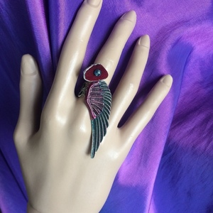 Δαχτυλίδι "φτερό' με δερμάτινο λουλουδάκι - φτερό, μπρούντζος, μεγάλα, αυξομειούμενα, φθηνά - 2