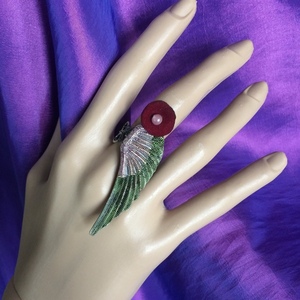 Δαχτυλίδι "φτερό' με δερμάτινο λουλουδάκι - φτερό, μπρούντζος, μεγάλα, αυξομειούμενα, φθηνά - 3