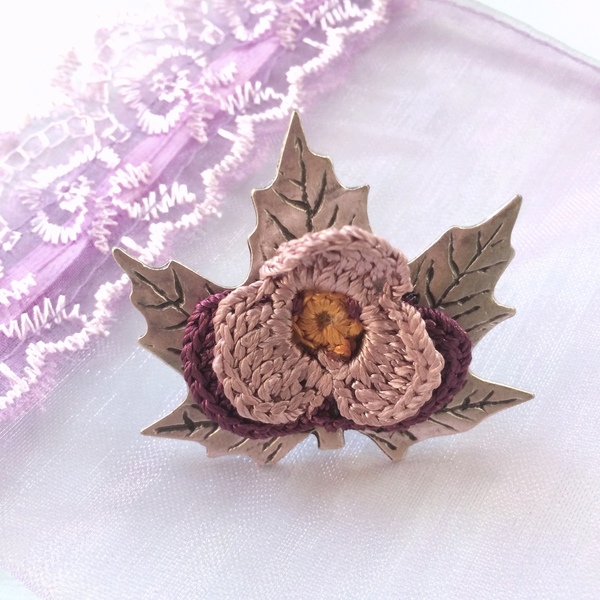 Μεγάλο δαχτυλίδι "Knit Metal" πλατανόφυλλο με λουλούδι - αλπακάς, βελονάκι, λουλούδι, boho, μεγάλα, αυξομειούμενα, φθηνά - 5