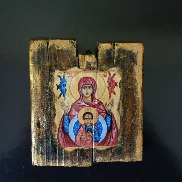Χειροποίητη Εικόνα της Παναγίας Σε Σανίδι - ξύλο, πίνακες & κάδρα, χειροποίητα - 4
