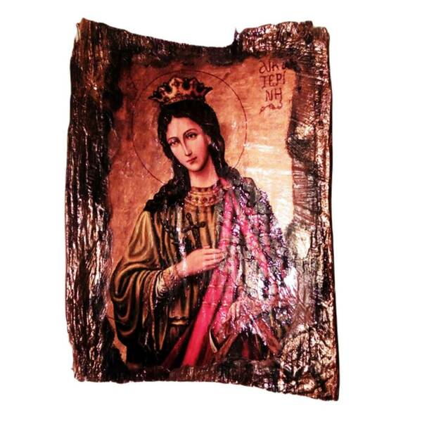 Χειροποίητη Εικόνα της Αγίας Αικατερίνης Σε Φλοιό Ξύλου - πίνακες & κάδρα, χειροποίητα