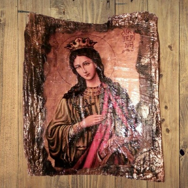 Χειροποίητη Εικόνα της Αγίας Αικατερίνης Σε Φλοιό Ξύλου - πίνακες & κάδρα, χειροποίητα - 4