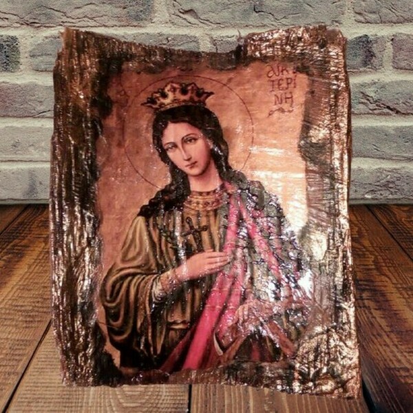 Χειροποίητη Εικόνα της Αγίας Αικατερίνης Σε Φλοιό Ξύλου - πίνακες & κάδρα, χειροποίητα - 5