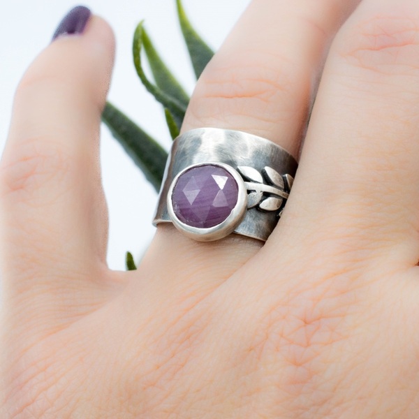 Ασημένιο δαχτυλίδι με Ροζ Ζαφείρι - ασήμι, ημιπολύτιμες πέτρες, ατσάλι, σταθερά, μεγάλα - 4