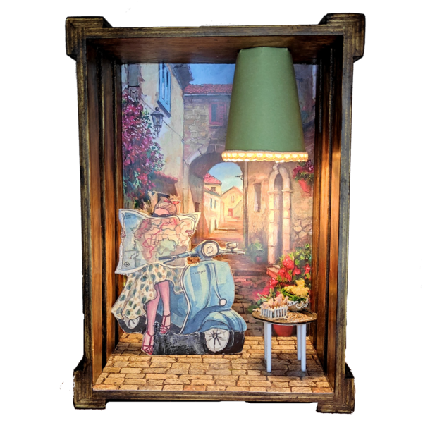 Ξύλινο χειροποίητο διακοσμητικό φωτιστικό ταξίδι με βέσπα - πορτατίφ, τοίχου, δώρα επετείου, δώρα για γυναίκες