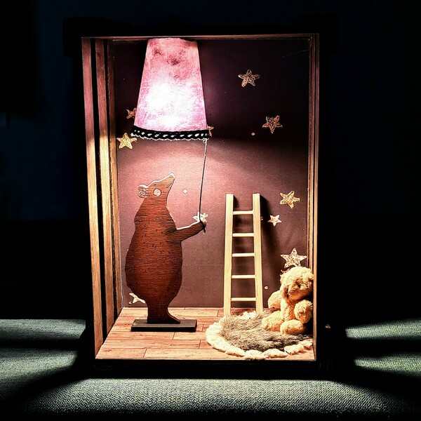 Ξύλινο χειροποίητο διακοσμητικό φωτιστικό με θέμα καφέ αρκούδα - κορίτσι, αγόρι, πορτατίφ, γενέθλια, δώρο για βάφτιση, παιδικά φωτιστικά - 5