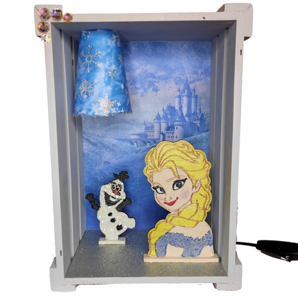 Ξύλινο χειροποίητο διακοσμητικό φωτιστικό πριγκίπισσα του πάγου - κορίτσι, δώρα για βάπτιση, γενέθλια, παιδικά φωτιστικά