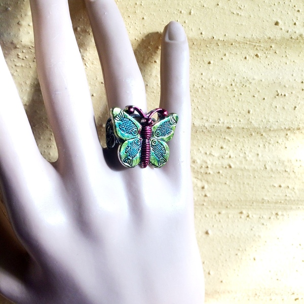 Χρωματισμένο Δαχτυλίδι "Πεταλούδα" - ορείχαλκος, μικρά, αυξομειούμενα, φθηνά - 4