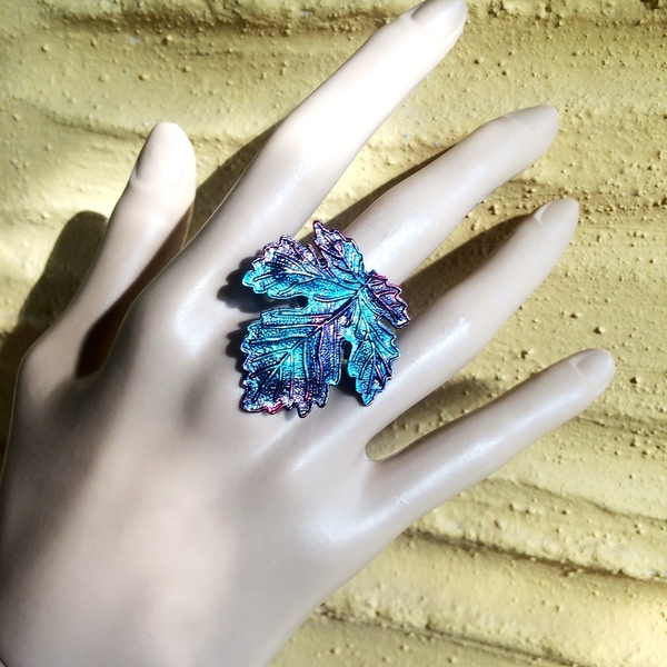 Χρωματισμένο δαχτυλίδι "Φύλλο" σε 2 χρώματα - ορείχαλκος, φύλλο, boho, μεγάλα, αυξομειούμενα, φθηνά - 2