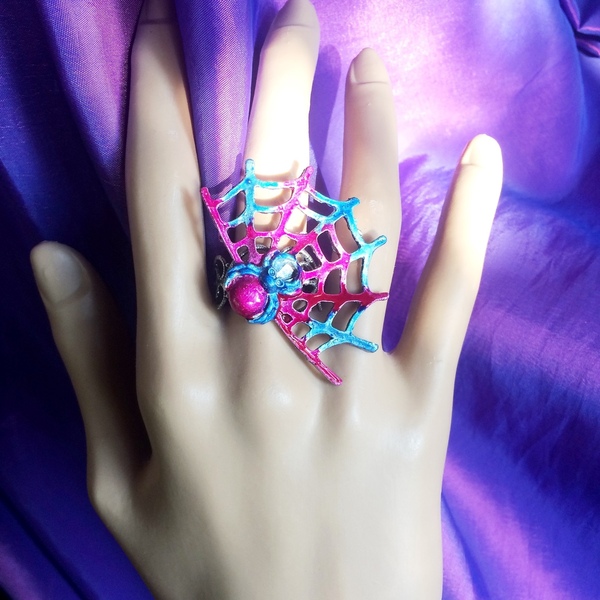 Χρωματισμένο Δαχτυλίδι ¨Αράχνη" - ορείχαλκος, boho, μεγάλα, αυξομειούμενα, φθηνά - 2