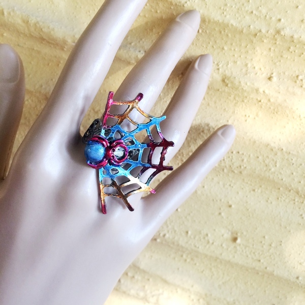 Χρωματισμένο Δαχτυλίδι ¨Αράχνη" - ορείχαλκος, boho, μεγάλα, αυξομειούμενα, φθηνά - 4