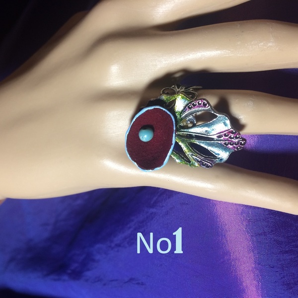 Δαχτυλίδι με δερμάτινο λουλούδι και μεταλλικό φύλλο, 3 χρώματα - δέρμα, ορείχαλκος, φύλλο, μικρά, boho, μεγάλα, αυξομειούμενα - 2
