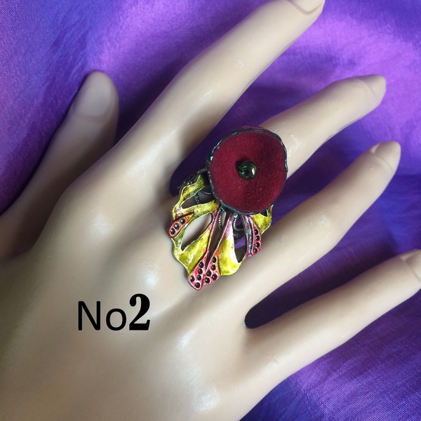 Δαχτυλίδι με δερμάτινο λουλούδι και μεταλλικό φύλλο, 3 χρώματα - δέρμα, ορείχαλκος, φύλλο, μικρά, boho, μεγάλα, αυξομειούμενα - 3