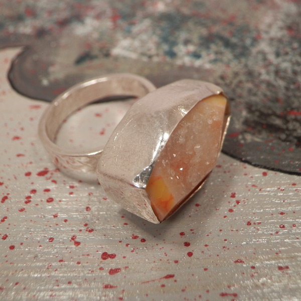 Ασημενιο δακτυλιδι με πορτοκαλι αχατη - ημιπολύτιμες πέτρες, ασήμι 925, μεγάλα, αυξομειούμενα