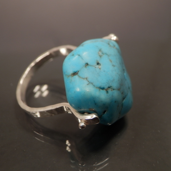Ασημενιο δακτυλιδι με ακατεργαστο τυρκουαζ - ημιπολύτιμες πέτρες, ασήμι 925, σταθερά - 4