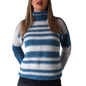 Πλεκτό χειροποίητο ριγέ πουλόβερ σε αποχρώσεις γκρι με μπλε - ακρυλικό, μακρυμάνικες