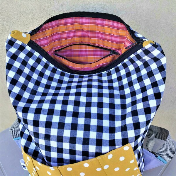 Γυναικεια τσαντα πλατης χειροποιητο backpack απο ύφασμα καρό λευκό και μαύρο - πλάτης, σακίδια πλάτης - 4