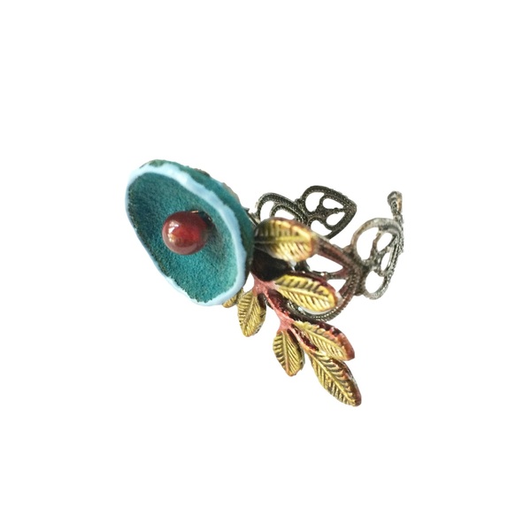 Δαχτυλίδι με δερμάτινο λουλούδι και μεταλλικό φύλλο - ορείχαλκος, φύλλο, μικρά, μεγάλα, αυξομειούμενα
