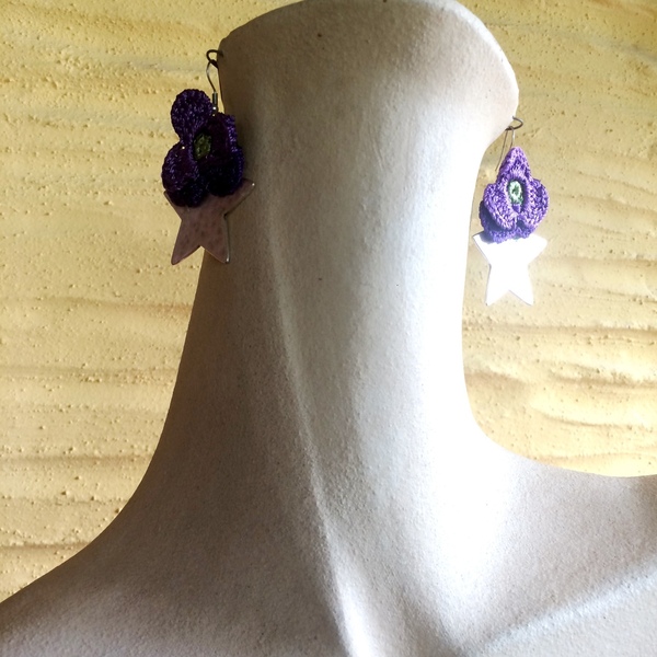 Σκουλαρίκια "Knit Metal Αστέρι με πανσέ" - επάργυρα, λουλούδι, κρεμαστά, μεγάλα, πλεκτά - 3