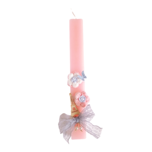Λαμπάδα ροζ για κορίτσια πλεκτά λουλουδάκια ξύλινο πύργο του Άιφελ 30εκ. - κορίτσι, λαμπάδες, βαφτιστήρι, για ενήλικες, για εφήβους