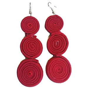σκουλαρίκια κόκκινα υφασμάτινα μεγάλοι κύκλοι - μακριά, boho, κρεμαστά, μεγάλα, γάντζος, faux bijoux