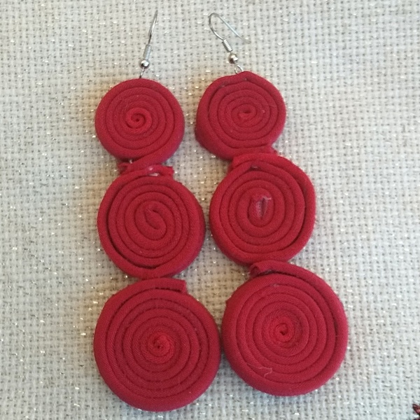 σκουλαρίκια κόκκινα υφασμάτινα μεγάλοι κύκλοι - μακριά, boho, κρεμαστά, μεγάλα, γάντζος, faux bijoux - 3