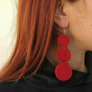 σκουλαρίκια κόκκινα υφασμάτινα μεγάλοι κύκλοι - μακριά, boho, κρεμαστά, μεγάλα, γάντζος, faux bijoux - 5