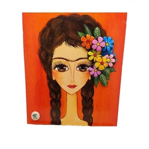 Πίνακας ζωγραφικής σε ξύλο και βότσαλα "Κορίτσι Frida" - πίνακες & κάδρα, πίνακες ζωγραφικής