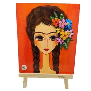 Πίνακας ζωγραφικής σε ξύλο και βότσαλα "Κορίτσι Frida" - πίνακες & κάδρα, πίνακες ζωγραφικής - 2