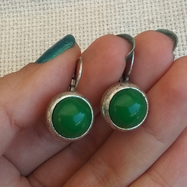 σκουλαρίκια μικρά vintage πράσινα μεταλλικά με πέτρα - πέτρες, μικρά, boho, κρεμαστά, faux bijoux - 3