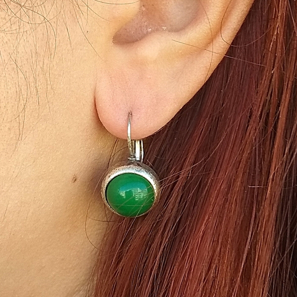σκουλαρίκια μικρά vintage πράσινα μεταλλικά με πέτρα - πέτρες, μικρά, boho, κρεμαστά, faux bijoux - 4