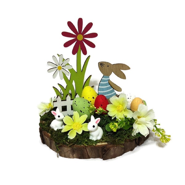 Πασχαλινός λαγός λουλούδι σε κορμό ξύλου - διακοσμητικά, πασχαλινή διακόσμηση, πασχαλινά δώρα