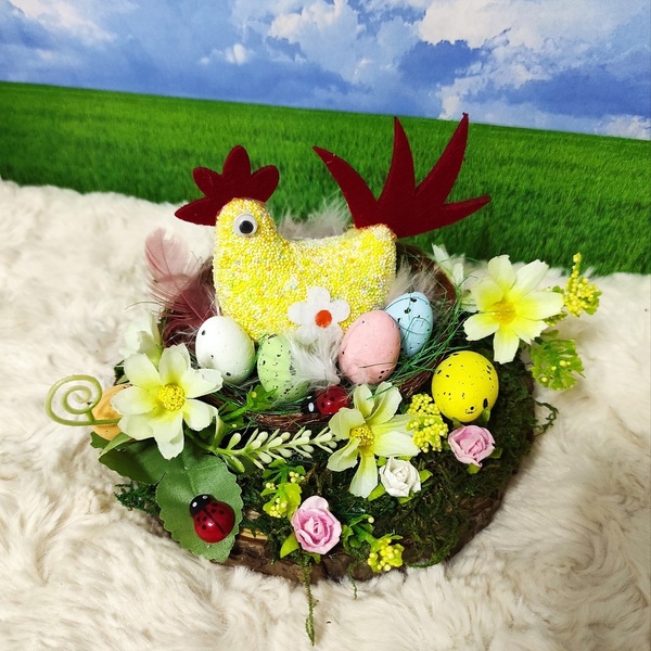 Πασχαλινή σύνθεση με κότα και αυγά σε φωλιά - διακοσμητικά, πασχαλινή διακόσμηση, πασχαλινά δώρα - 2