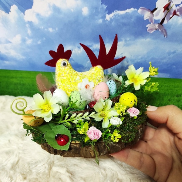 Πασχαλινή σύνθεση με κότα και αυγά σε φωλιά - διακοσμητικά, πασχαλινή διακόσμηση, πασχαλινά δώρα - 3