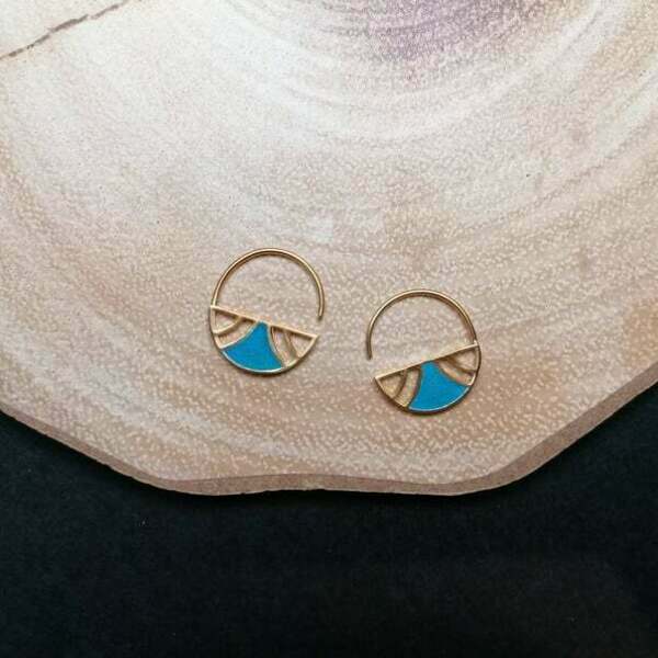 Τυρκουάζ boho σκουλαρίκια μισοί κρίκοι με σμάλτο double sided hoop earrings - ασήμι, γεωμετρικά σχέδια, κρίκοι, boho - 3