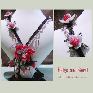 Κολιέ φριβολιτέ "Beige & Coral" - ύφασμα, κοντά, λουλούδι, boho - 5