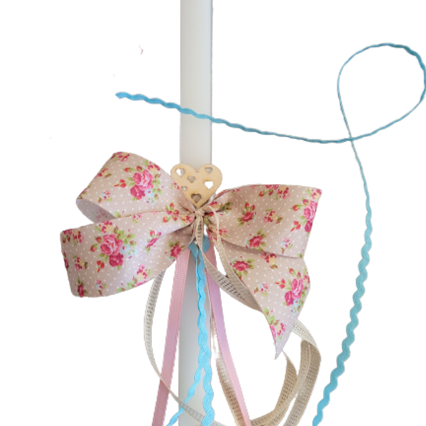 Λαμπάδα 27,5 cm με υφασμάτινο φιόγκο και ξύλινη καρδούλα - καρδιά, κορίτσι, λουλούδια, λαμπάδες, για παιδιά