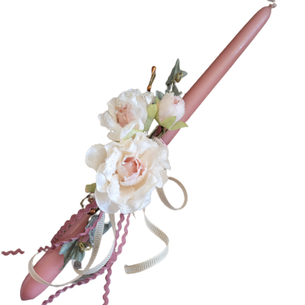Λαμπάδα dusty pink 39 cm με υφασμάτινα λουλούδια - κορίτσι, λουλούδια, λαμπάδες
